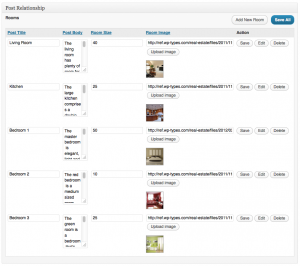 a fields table with 5 rows of content - each content entry is a single room post type