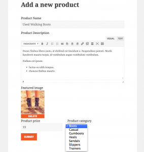 Formulario Forms para publicar un nuevo producto de WooCommerce