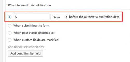 Forms settings for email notifications when posts expire