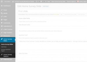 To manage slides back-end user uses Home Survey Slides CPT, to manage options they use Home Survey Options CPT
