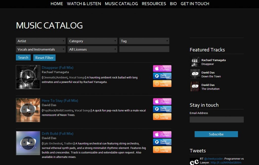 Music catalog search - front-end view