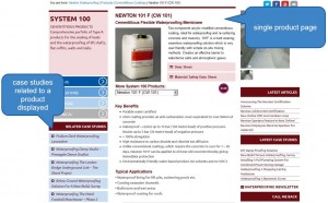 Single product page. Product information is displayed in the middle of the page and can be combined with other information related to a product; for example, Case Studies (on the left sidebar).