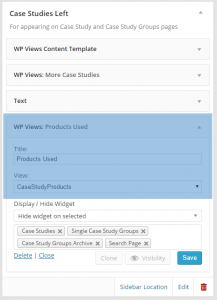 A custom sidebar used on a single case study page. WP Views widget is used to display the CaseStudyProducts view. The Display/Hide Widget section is found in the “Restrict Widgets