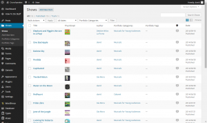 All shows in the crunchynotes.com WordPress dashboard. A single show is stored in as a custom post, an instance of the Shows custom post type. 