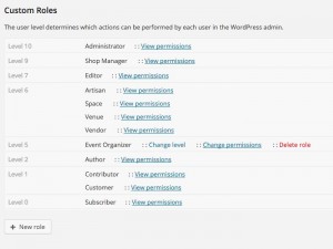 Some custom roles defined with the Access plugin, e.g., Artisan, Space, Venue, Vendor, Event Organizer