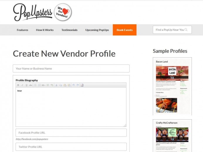 Front-end form for creating a Vendor Profile, which was created with the CRED plugin