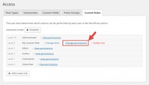 Changing role permissions on the Toolset Settings page, in the Custom Roles tab.