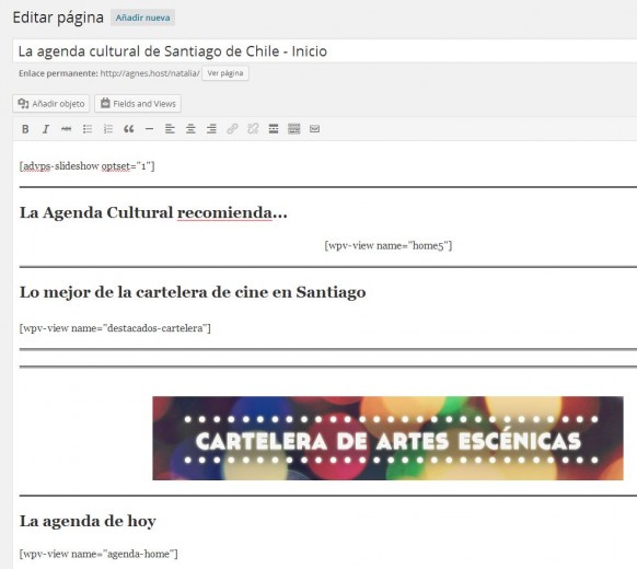 Homepage of La Agenda Cultural on the WordPress dashboard.