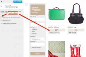 "Load theme CSS for WooCommerce" option unchecked
