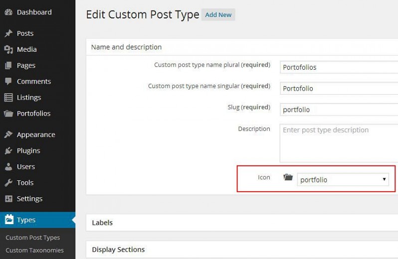 Example 4: Choosing an icon for a Custom Post Types with the Types plugin