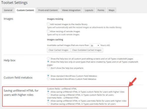 Settings to enable unfiltered HTML for users with higher roles (administrators and editors)