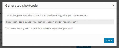 Dialog box with the generated shortcode