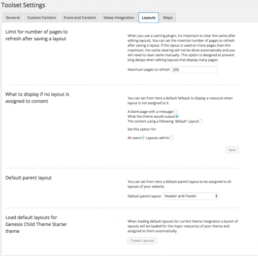 Integrated Layouts settings elements in the Toolset settings page within a dedicated tab