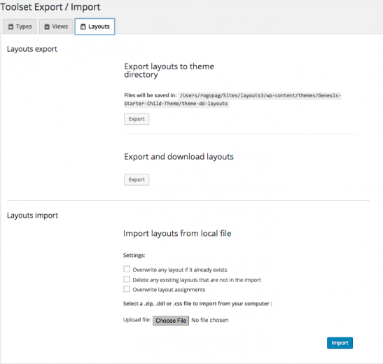 Integrated Layouts import/export forms in the Toolset import/export page within a dedicated tab
