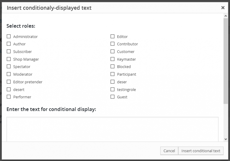 The dialog for inserting Access shortcode