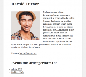 When displaying a single artist page you can see all the events in which the artist performs. See live example.