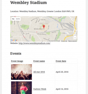 When visiting a single venue page you can see all the events taking place in that venue. See live example.