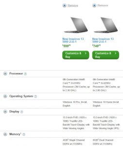 Side-by-side features comparison in Dell's search results