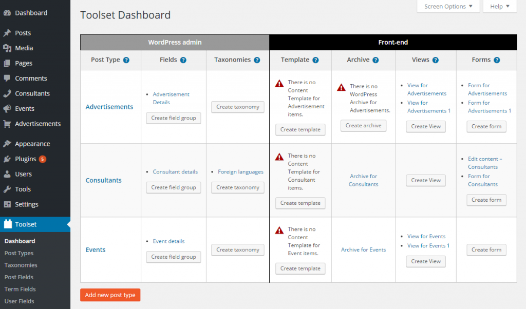 The new Toolset Dashboard