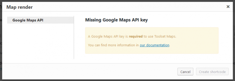 Map render shortcode dialog when no API key is entered