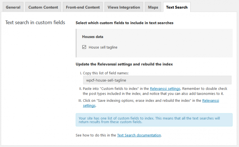 Text search tab in Toolset settings page