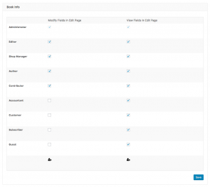 Editing access permissions for the “Book Info” custom fields group