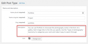 Description field on the Toolset custom post type editing page
