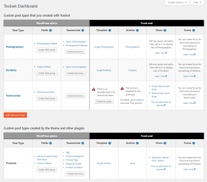 Toolset Dashboard with all the post types in your site