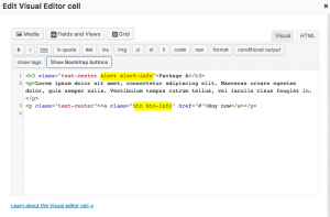 Bootstrap classes added to the HTML markup inside the Visual Editor cell