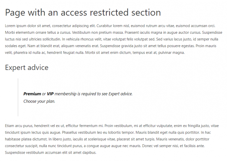 Page with an access restricted section