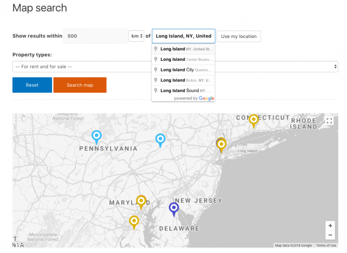 Searching properties according to a distance from a point of interest