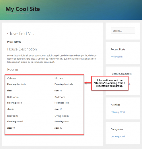 “Rooms” of a “House” set up and displayed as a repeatable group of fields