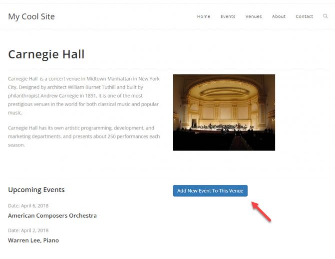 Venue post on the front-end with a link to a form for adding Events to the post.