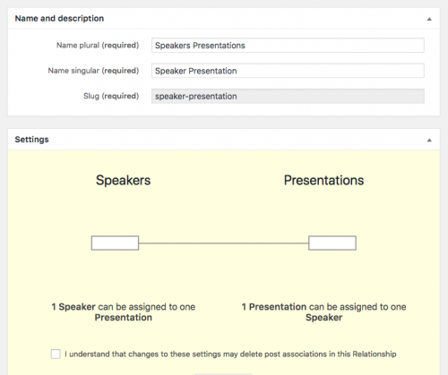 Speakers and presentations - One-to-one relationship