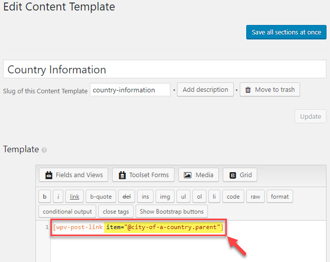 Content Template after inserting the post field for the grandparent post