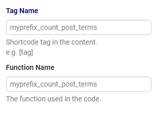 Selecting the Tag and Function name in the GenerateWP Shortcodes Generator