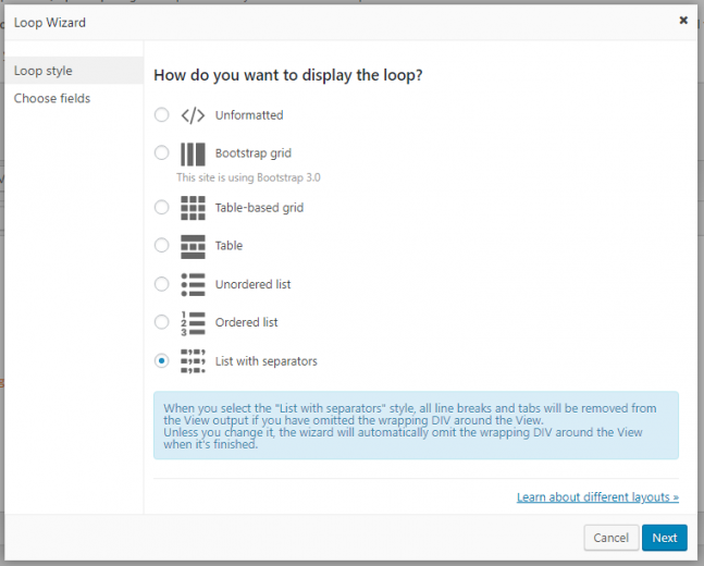 The new "List with separator" output format in the Views Loop Wizard