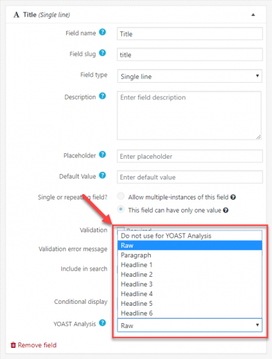 Yoast SEO option for the "Single line" custom field