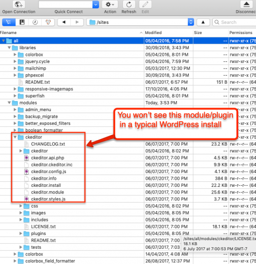 View of contrib code folders in a typical Drupal codebase - Drupal developers must often choose, install, and configure WYSWIWG text editors