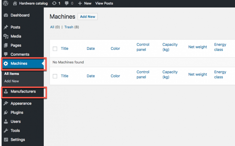 Machines and Manufacturers Custom Post Types in WordPress