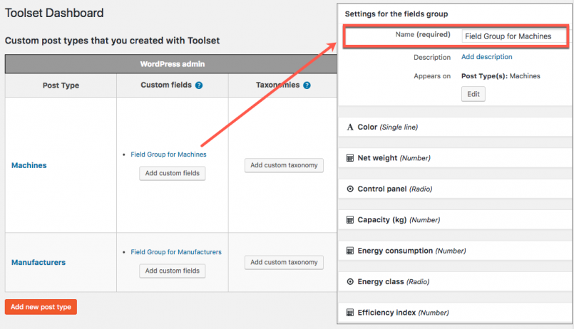 Toolset Dashboard - post types and custom fields