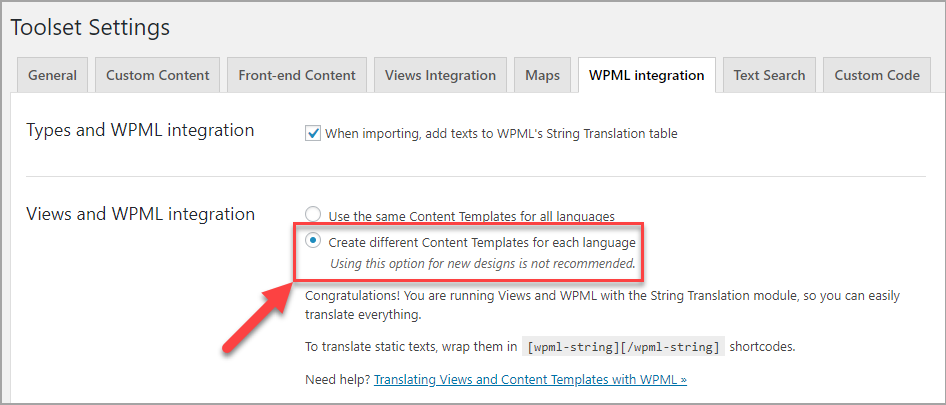 Enabling the Create different Content Templates for each language option