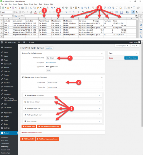 An example of a CSV file with the corresponding field group