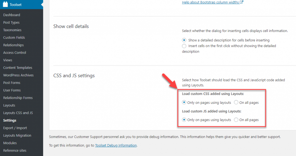 CSS and JS settings section on the Layouts settings page