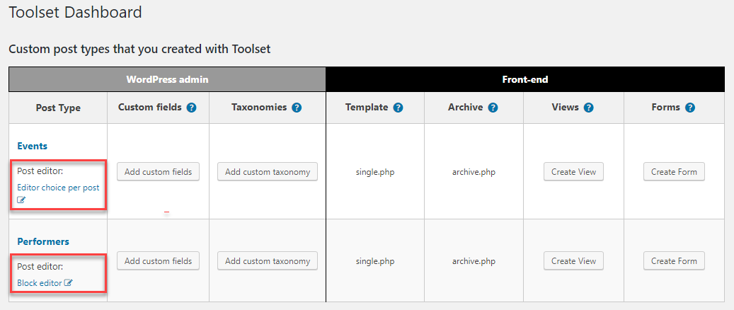 Selecting the editor of choice from the Toolset Dashboard