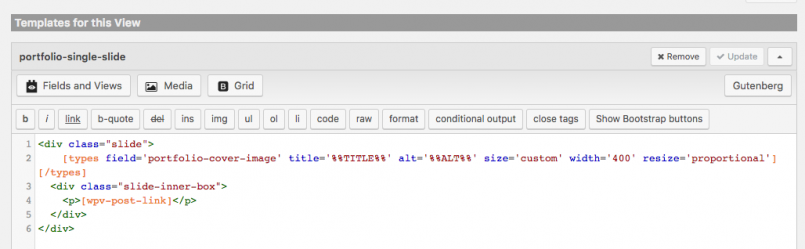 Content Template used by the View that displays the output of a single slide.