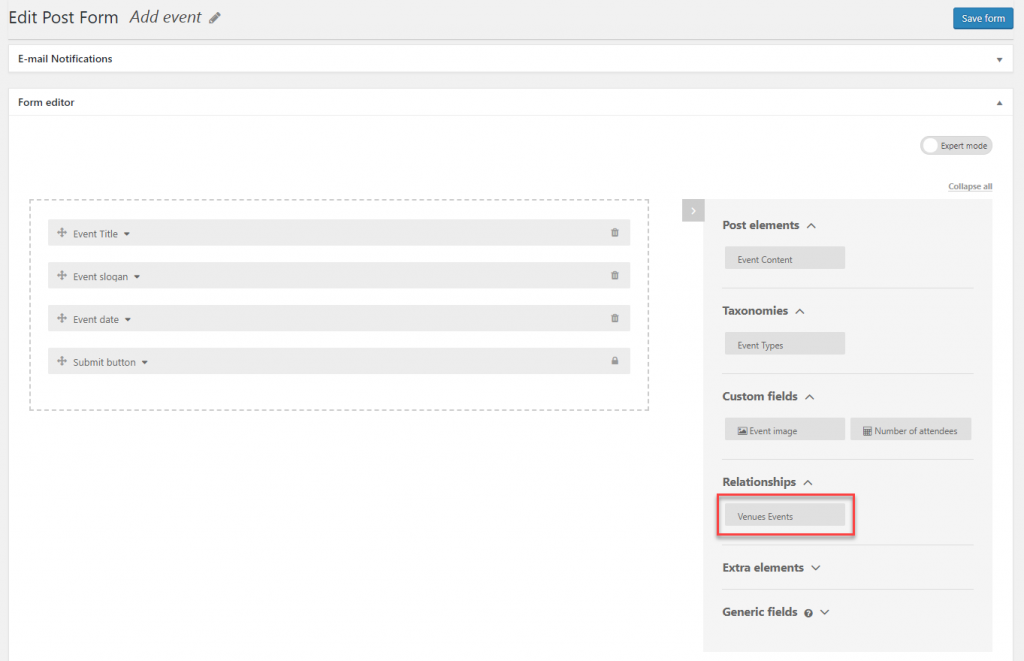 Inserting the parent selector field manually.