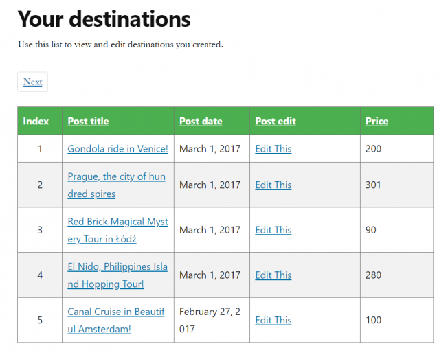 An example of enumerating the rows of a table-based list of posts