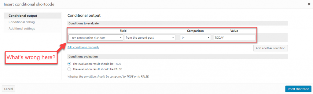 Setting Conditions to evaluate