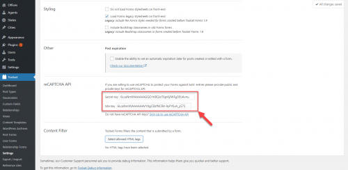 Toolset Forms reCAPTCHA API settings